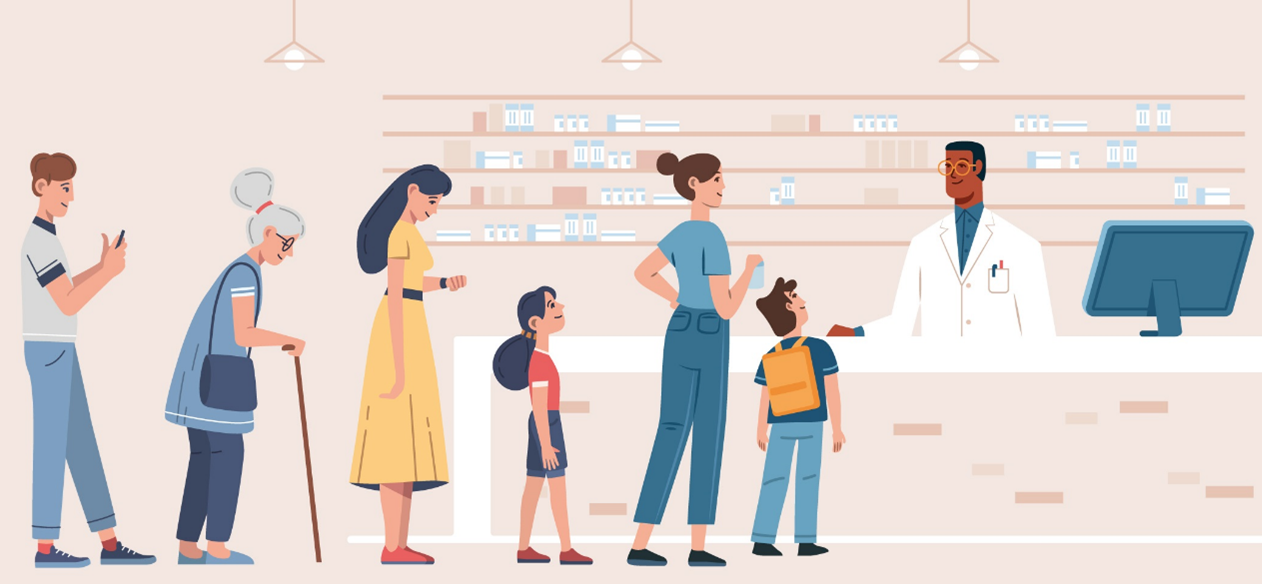 A decorative image of people waiting at a pharmacy counter